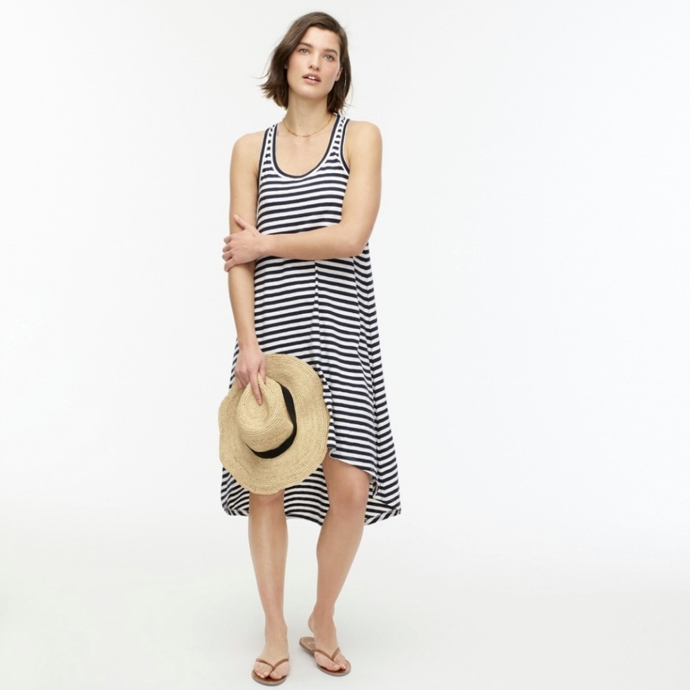 New! J. CREW Cotton Swing Tank Striped Navy Blue White High Low Dress Size Small